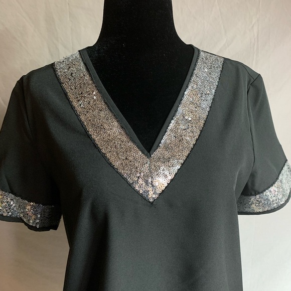 Sequin Black V Neck Blouse - Picture 7 of 9